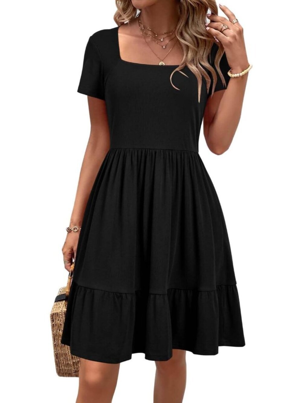 Women's Black Short Sleeve Square Neck Dresses Casual Beach Vacation Mini Dress